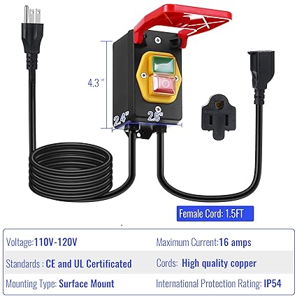 Dreyoo 1 Packung 110 V bis 120 V einphasiger Ein-/Ausschalter, Router-Tischschalter mit großem Stoppschild-Paddel, einfacher Kontakt für schnelles Ausschalten für Tischkreissägen und andere elektrische Geräte 