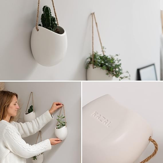 Kazai. Jardineras de pared -Ellie- | Macetas Colgantes De Cerámica 3 Piezas | Decoración de Pared para Interior, Balcón y Jardín | Blanco (mate)