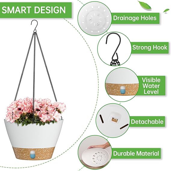 ZMTECH Macetas colgantes para plantas de interior, juego de 2 macetas colgantes con riego automático, cestas colgantes, macetas colgantes para plantas colgantes al aire libre (8 pulgadas, blanco)