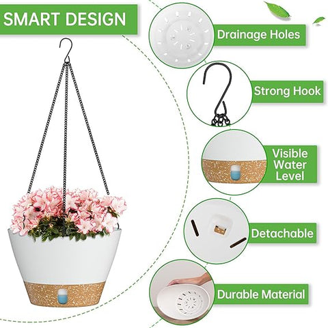 ZMTECH Macetas colgantes para plantas de interior, juego de 2 macetas colgantes con riego automático, cestas colgantes, macetas colgantes para plantas colgantes al aire libre (8 pulgadas, blanco)