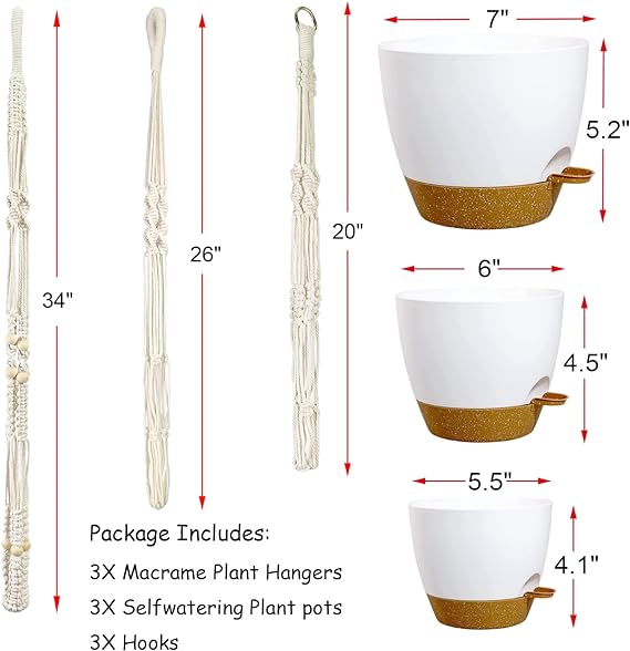 Bouqlife Macetas colgantes con colgadores de macramé para plantas de interior y exterior, 3 juegos de macetas con riego automático, cestas colgantes, soportes para macetas, 3 tamaños diferentes