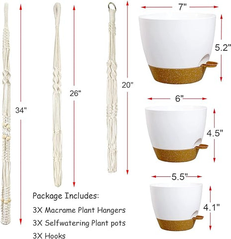 Bouqlife Macetas colgantes con colgadores de macramé para plantas de interior y exterior, 3 juegos de macetas con riego automático, cestas colgantes, soportes para macetas, 3 tamaños diferentes