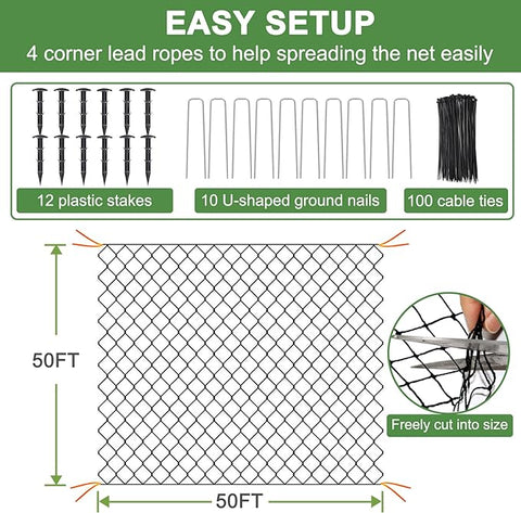 Bird Netting - 50’ x 50’ Poultry Netting with 2.4” Square Mesh for Chicken Coop, Bird Netting for Garden Protection, Heavy Duty Nylon Garden Mesh Netting for Fruit Tree Against Aviary, Deer, Squirrel