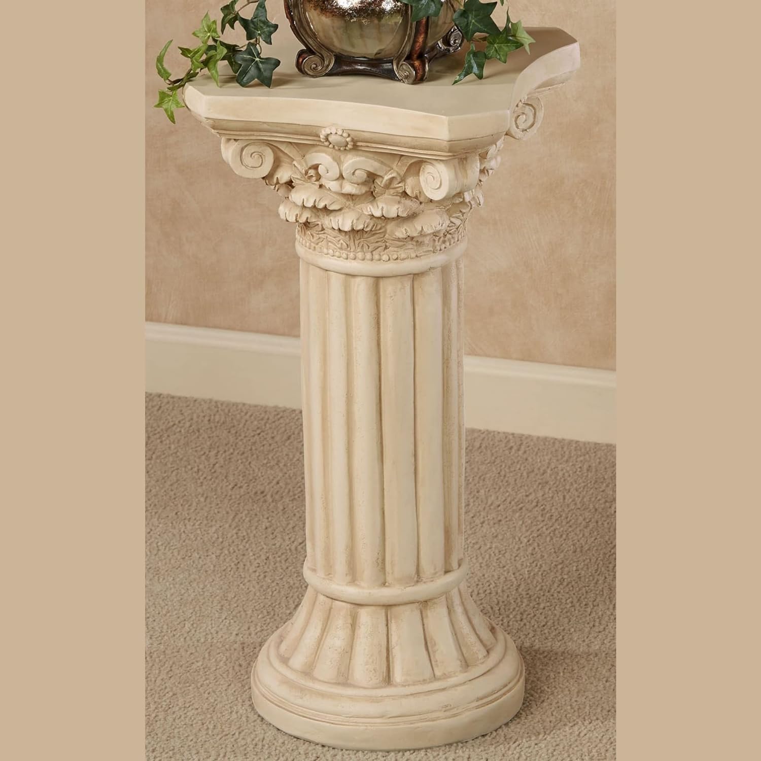 Corinthian Column Pedestal - Ivory Wash - Roman Style - Indoor/Outdoor Display - Small Size - 24 H, Top is 12 Inches Square, Weighs 11 lbs