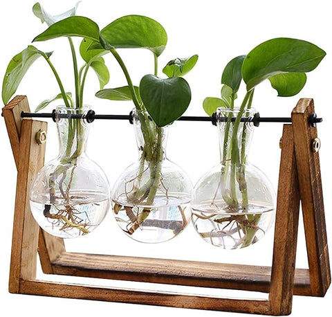 XXXFLOWER Pflanzenterrarium mit Holzständer, Luftpflanzgefäß, Glasvase, drehbarer Metallhalter, Retro-Tischplatte für Hydrokultur, Zuhause, Garten, Büro, Dekoration – Vase mit 3 Glühbirnen 
