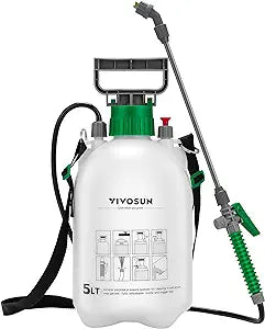 VIVOSUN Pulverizador a presión con bomba de 1,3 galones, botella pulverizadora de agua presurizada para césped y jardín de 5 litros con 3 boquillas de agua, correa ajustable para el hombro, válvula de alivio de presión, para plantas y limpieza 