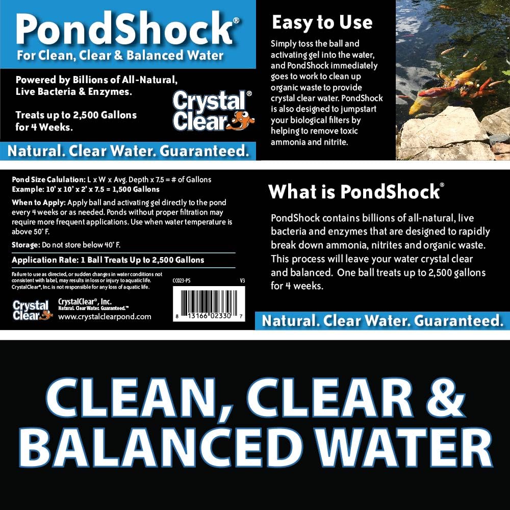 CrystalClear PondShock Ball, enzimas naturales y bacterias vivas, tratamiento de choque clarificador de agua dulce, removedor de lodo y lodo para estanques pequeños y estanques de jardín de agua al aire libre, peces Koi y plantas acuáticas seguras 