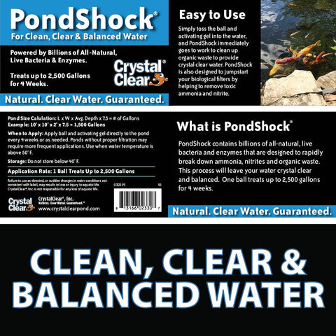 CrystalClear PondShock Ball, enzimas naturales y bacterias vivas, tratamiento de choque clarificador de agua dulce, removedor de lodo y lodo para estanques pequeños y estanques de jardín de agua al aire libre, peces Koi y plantas acuáticas seguras 
