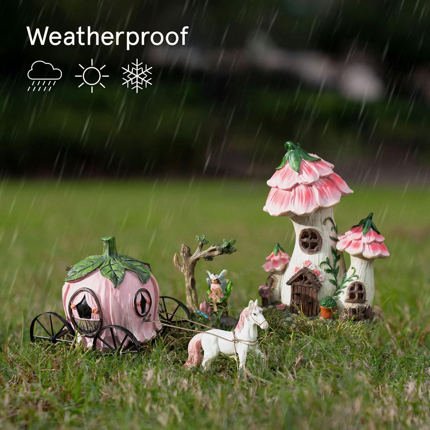 LA JOLIE MUSE Resin Fairy Garden - Miniature Floral Roof Cottage with Solar LED Lights, Fairy House Figurine Set of 3 with Carriage, Outdoor Decor for Patio Yard Lawn, for Mom