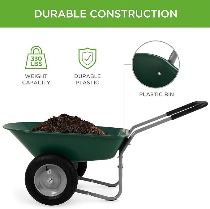 Best Choice Products Dual-Wheel Home Utility Yard Schubkarre Gartenwagen mit integriertem Ständer für Rasen, Gartenarbeit, Gras, Erde, Ziegel und Bau, Grün 