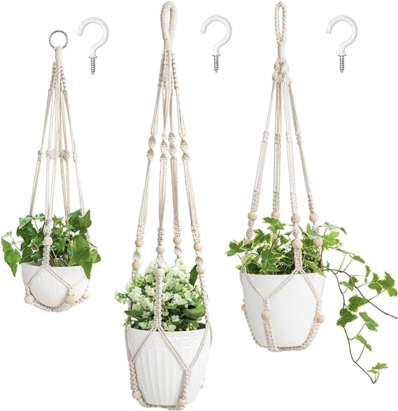 Mkono 3 Pack Macrame Plant Hangers Indoor Different Size Hanging Planter Basket Flower Pot Holder with Beads No Tassels 35"/29"/23", Medium, Ivory