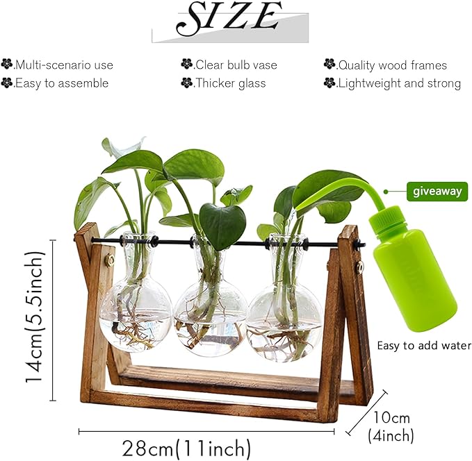 XXXFLOWER Pflanzenterrarium mit Holzständer, Luftpflanzgefäß, Glasvase, drehbarer Metallhalter, Retro-Tischplatte für Hydrokultur, Zuhause, Garten, Büro, Dekoration – Vase mit 3 Glühbirnen 
