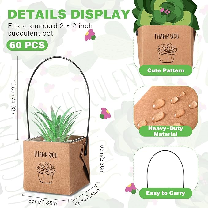 Qilery 60 unidades de envoltorios de suculentas de agradecimiento de 2.0 in, bolsas de papel kraft para regalo de plantas, bolsas de regalo para bodas, baby shower, fiesta de cumpleaños, plantas no incluidas (marrón) 