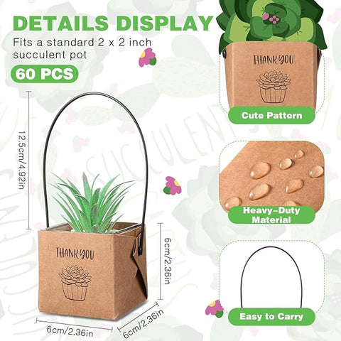 Qilery 60 unidades de envoltorios de suculentas de agradecimiento de 2.0 in, bolsas de papel kraft para regalo de plantas, bolsas de regalo para bodas, baby shower, fiesta de cumpleaños, plantas no incluidas (marrón) 