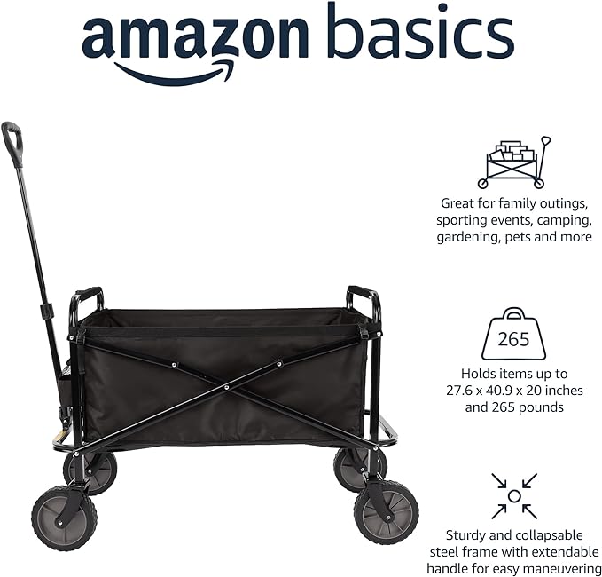 Amazon Basics Collapsible Folding Outdoor Utility Wagon with Cover Bag, Black