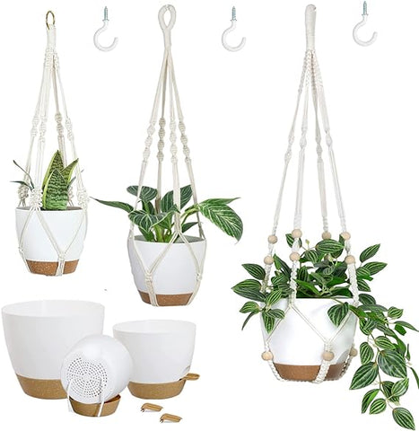 Bouqlife Macetas colgantes con colgadores de macramé para plantas de interior y exterior, 3 juegos de macetas con riego automático, cestas colgantes, soportes para macetas, 3 tamaños diferentes