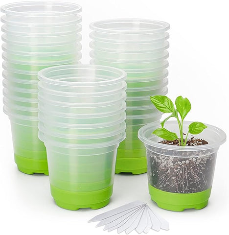 MIXC 30 Packs 4" Reinforced Clear Nursery Pots with Silicone Base for Easy Transplant, Transparent Plastic Plant Pot Reusable Seedling Pots Seed Starter Pots Flower Pot with 10pcs Plant Labels, Green