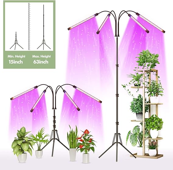 FRENAN Luz de cultivo con soporte, para plantas de interior con espectro rojo azul, 10 brillo regulable, temporizador 4/8/12H, 3 modos de interruptor, cuello de cisne ajustable, adecuado para el crecimiento de varias plantas 