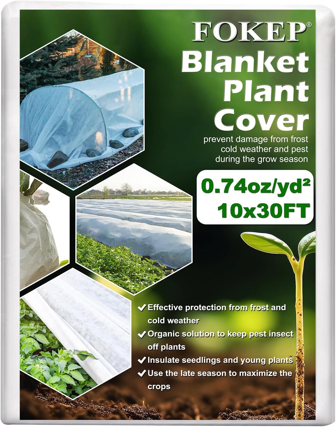 FOKEP 10Ft x 30Ft Plant Covers Freeze Protection, Reusable Frost Cover Plants Blanket for Winter, Floating Row Fabric Cover for Vegetables, Insect Protection, Sunscreen, Season Extension, 0.74oz/yd²