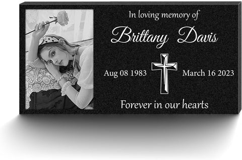 VINGMEM Personalized Headstone with Photo, Memorial Stone, Headstones for Graves, Grave Markers, Black Granite Garden Stone, Memorial Plaques for Outdoor, Grave Decoration for Cemetery (Photo)