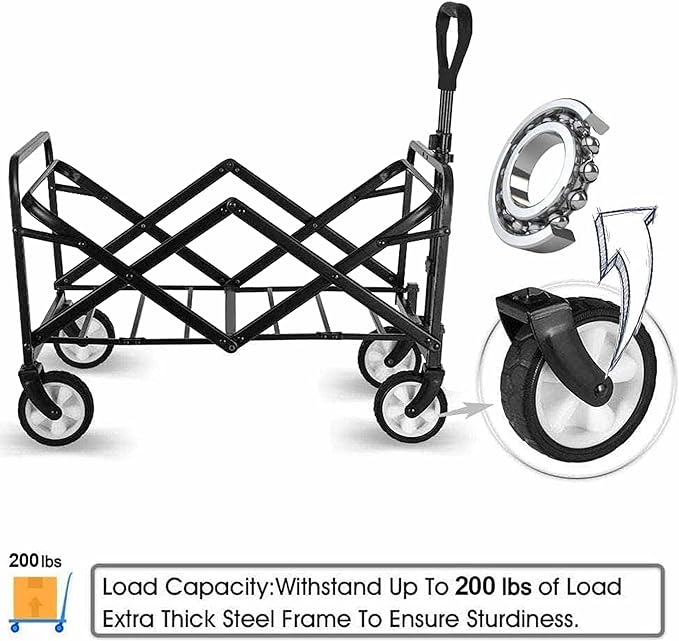 Collapsible Foldable Wagon, Beach Cart Large Capacity, Heavy Duty Folding Wagon Portable, Collapsible Wagon for Sports, Shopping, Camping (Black, 1 Year Warrant)