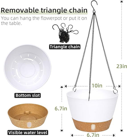 QCQHDU Juego de 2 maceteros colgantes, cesta para macetas colgantes para interiores y exteriores de 10 pulgadas, maceta colgante con orificio de drenaje con 3 ganchos para jardín y hogar (blanco)