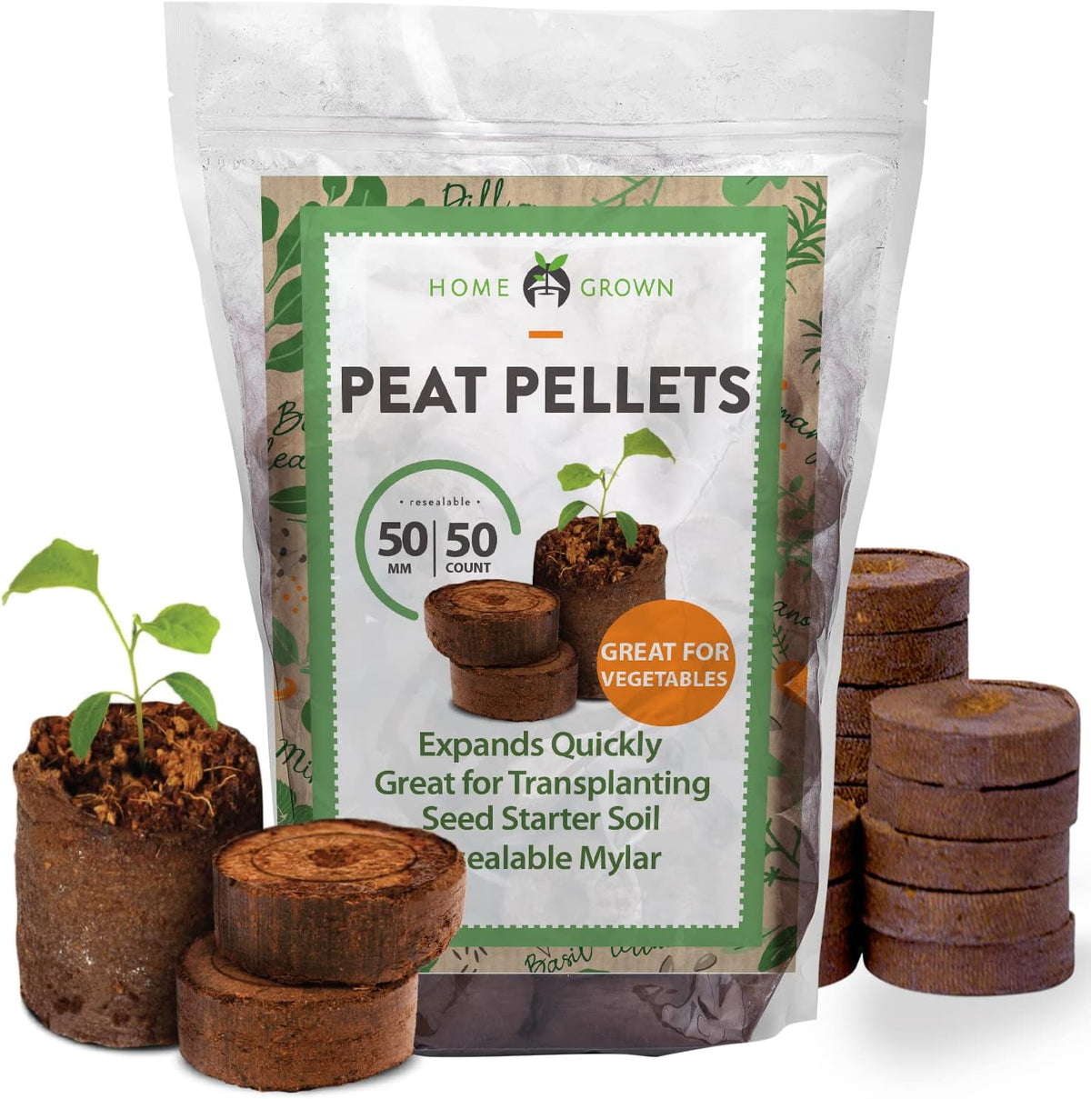 Seed Starter Peat Pellets for Gardening – Plant Seed Starter Pods for Planting Veggies, Flower Seeds, and Herb Garden Cuttings – Peat Moss Garden Starter Soil Pellets by Home Grown (50mm, 50count)