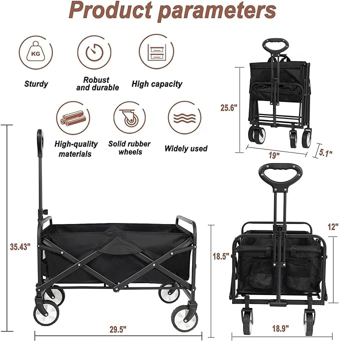 iHomey zusammenklappbarer, zusammenklappbarer Outdoor-Gebrauchswagen, Strandwagen mit All-Terrain-Rädern und Getränkehaltern, tragbarer Sportwagen für Camping, Einkaufen, Garten und Strand (schwarz/1 Jahr Garantie) 