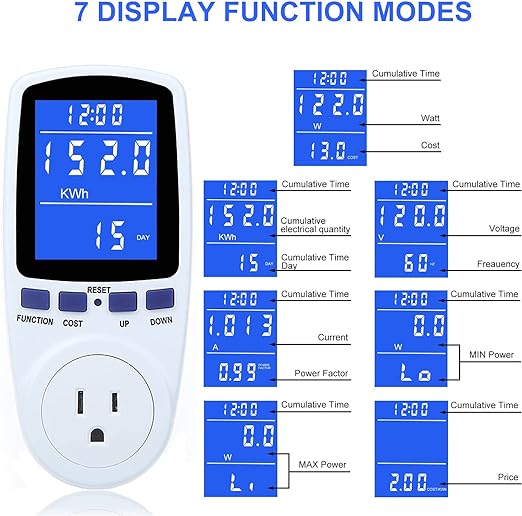 Upgraded Watt Power Meter Plug Home Electrical Usage Monitor Consumption, Energy Voltage Amps Kill Tester with Backlight, Overload Protection, 7 Modes Display