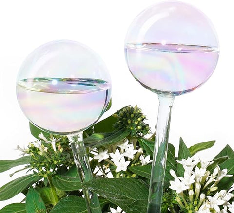 [2 PCS] Picos de sistema de riego automático de vidrio transparente de color degradado de arco iris iridiscente, bombillas de riego automático de plantas Aqua Globes 