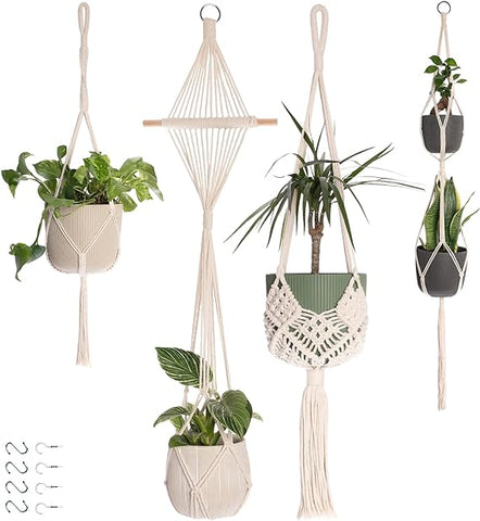 Nook Theory Paquete de 4 colgadores de macramé para plantas, con 8 ganchos de techo, macetero colgante para interiores y exteriores, soporte para plantas colgantes, colgadores decorativos bohemios para plantas, plantas colgantes (crema)