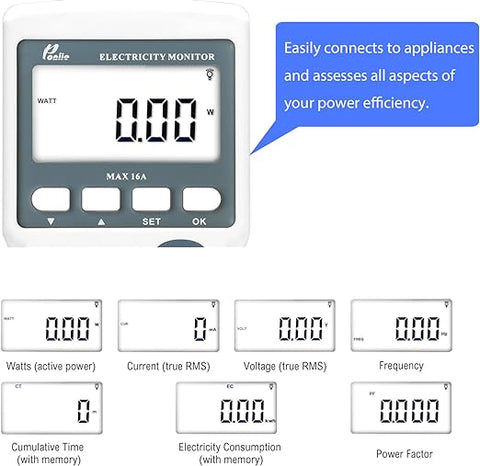 Poniie PN2000 Plug-in-Kilowatt-Stromverbrauchsmonitor Elektrischer Stromverbrauchs-Wattmesser-Tester mit Verlängerungskabel 