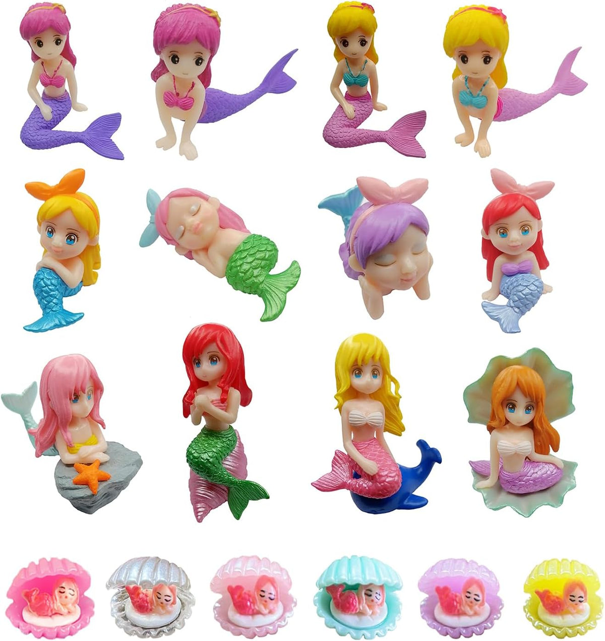 JKanruh 18 figuras de sirena en miniatura, mini sirena y mini sirena durmiente en concha para decoración de pasteles, decoración de terrario del hogar, manualidades 