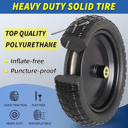 GICOOL 13" Flat-free Solid Tire and Wheel, with 5/8" Axle Bore Hole, 2.2" Offset Hub, Compatible with Wheelbarrow Garden Wagon Trolley Dolly, 2 Pack