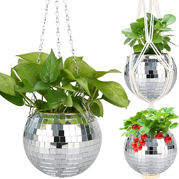 FGBNM Macetero de bola de discoteca de 1/2/3 piezas, macetero de 4"/6"/8", macetero plateado/oro rosa, colgador de plantas de bola de discoteca con cuerda para colgar, cadena para colgar, gancho, círculo y piezas de espejo extra (6" plateado, 1 unidad )