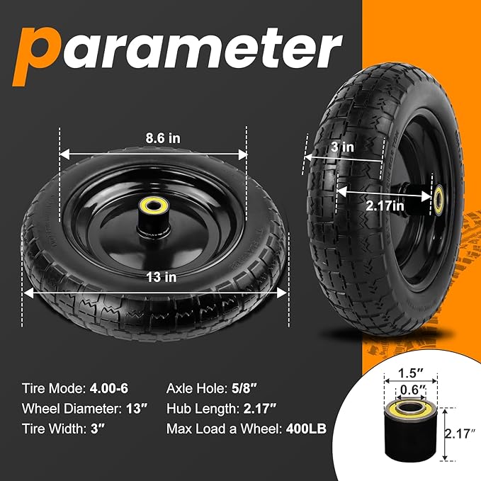 Upgraded 13" Flat Free Wheels Replacement for GOR Garden Cart Tires and Wheels, 4.00-6 Solid Tires and Wheels with 5/8"Bearings, 13" No Flat Wheels for GOR Garden Carts/Hand Trucks/Garden Carts-4PCS