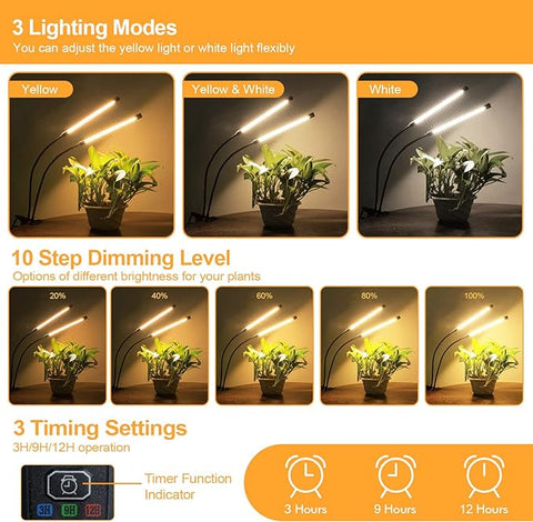 bseah Grow Light - Luces para plantas de interior, luces de cultivo de plantas de espectro completo, 10 niveles regulables, encendido y apagado automático con temporizador de 3/9/12H 