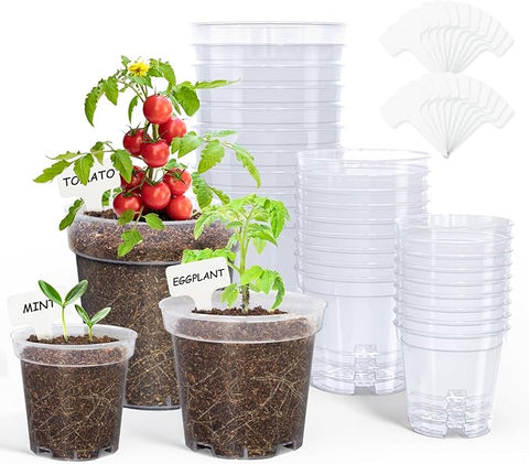 HOMENOTE Macetas transparentes para plantas, macetas de 3/4/5 pulgadas con agujeros de drenaje, maceta para plantar flores, interior, semillas, exterior, alta transparencia, con 20 etiquetas para plantas (paquete de 30) 