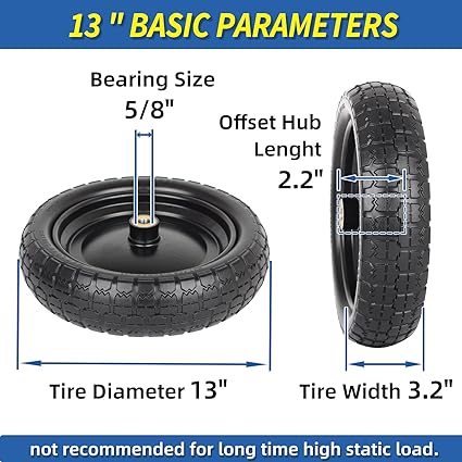 GICOOL 13" Flat-free Solid Tire and Wheel, with 5/8" Axle Bore Hole, 2.2" Offset Hub, Compatible with Wheelbarrow Garden Wagon Trolley Dolly, 2 Pack