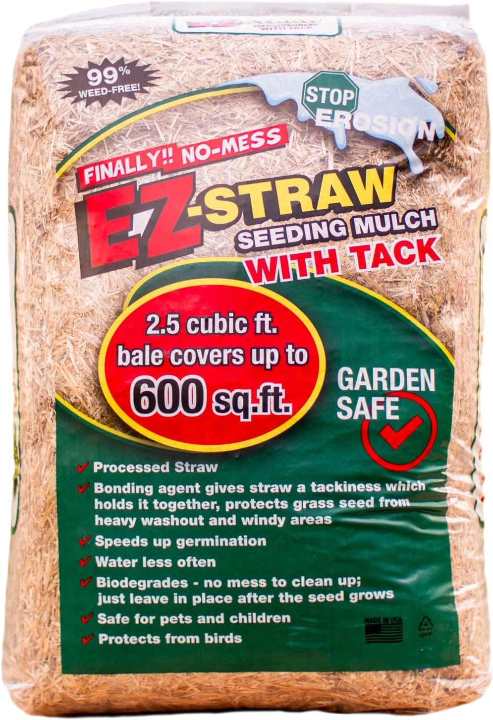 EZ-Stroh-Saatmulch mit Klebrigmacher – biologisch abbaubares, verarbeitetes Stroh, ein Ballen von 2,5 CU FT (deckt bis zu 500 Quadratfuß ab) 