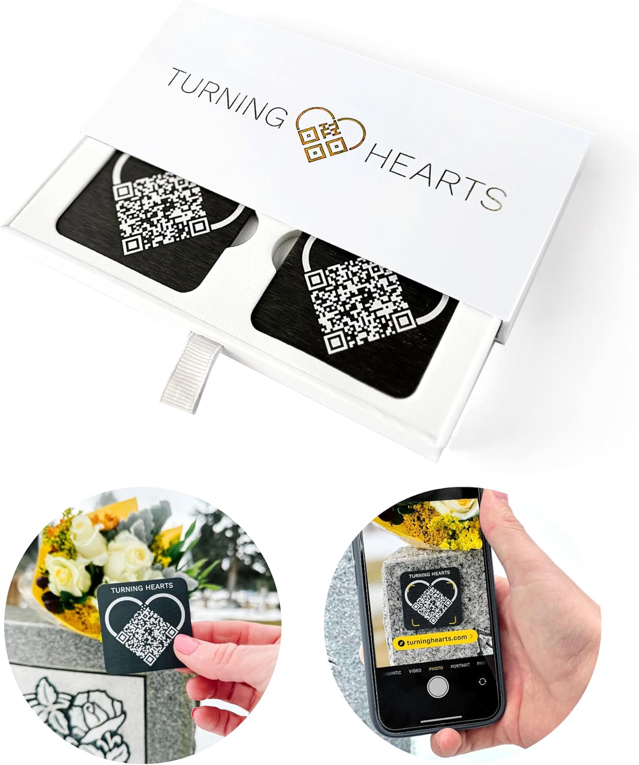 Turning Hearts Grabmedaillon – scannbarer QR-Code – anpassbares Profil – Erinnerungen bewahren – Friedhofs-Tribut – Beileid, Trauer, Gedenktagsgeschenk – wetterfestes Aluminium 