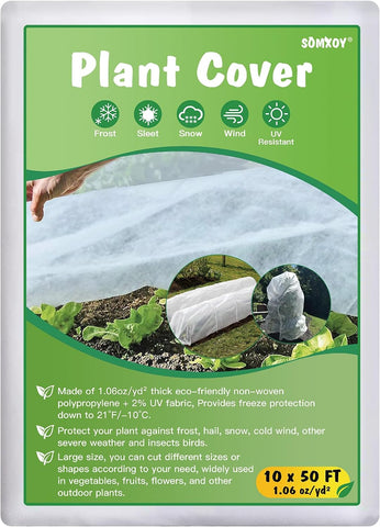 SOMXOY Cubierta para plantas de 10 x 50 pies, protección contra congelación, 1,06 oz/yd², manta gruesa de tela contra heladas, protector de plantas, cubiertas flotantes reutilizables para árboles para jardín al aire libre 