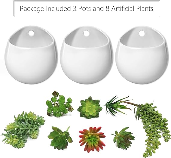 Mkono Wall Planter with Artificial Plants, Decorative Potted Fake Succulents Picks Assorted Faux Succulent in Modern Ceramic Hanging Plant Pot Vase for Home Decor, Set of 3