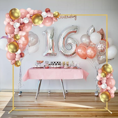 Soporte de telón de fondo dorado de 6.6 pies, kit de arco de globo cuadrado de metal para boda, marco de cenador de jardín, soporte de anillo de flores para boda, fiesta de cumpleaños, ceremonia, aniversario, decoración de fondo de foto 