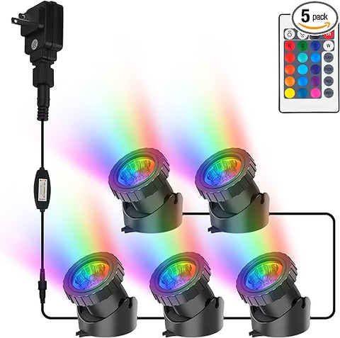 CREPOW RGB Pond Lights, Super Bright LED Underwater Submersible Colorful Landscape Spotlights, 98ft Remote Control IP68 Waterproof Fountain Lights for Fish Aquarium Tank Garden Yard Pool (Set of 5)