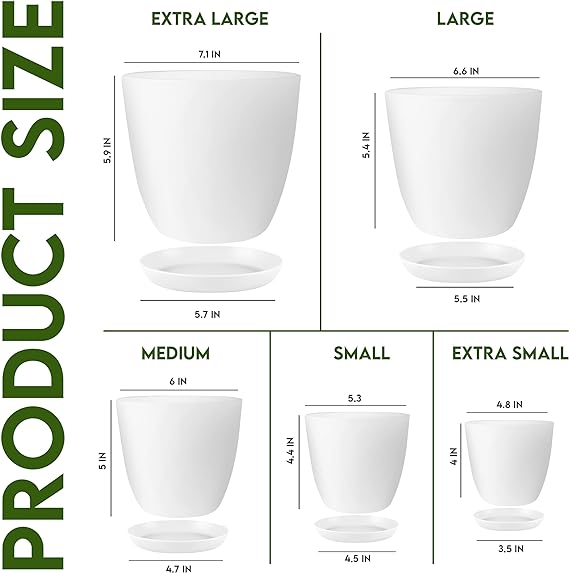 Utopia Home - Plant Pots with Drainage - 7/6.6/6/5.3/4.8 Inches Home Decor Flower Pots for Indoor Planter - Pack of 5 Plastic Planters, Cactus, Succulents Pot - White