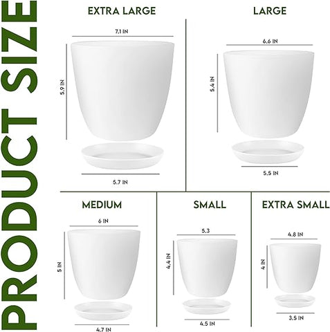 Utopia Home - Plant Pots with Drainage - 7/6.6/6/5.3/4.8 Inches Home Decor Flower Pots for Indoor Planter - Pack of 5 Plastic Planters, Cactus, Succulents Pot - White