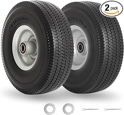 GICOOL 4.10/3.50-4" Flat Free Tire and Wheel, 10" Solid Tire with 5/8" Axle Bore Hole, 2.2" Offset Hub for Hand Truck Garden Wagon Cart Trolley Dolly Lawn Mover Replacement Tire