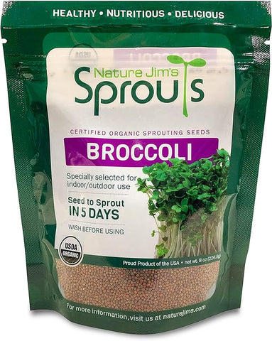 Nature Jims Sprouts Broccoli Sprout Seeds - Certified Organic Broccoli Sprouting Seeds for Indoor/Outdoor Use - Rich in Sulforaphane Healthy, Nutritious Broccoli Seeds Sprout in 5 Days - 8oz