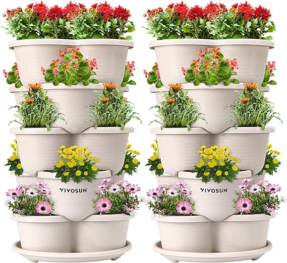 VIVOSUN Paquete de 2 maceteros apilables de jardinería vertical de 5 niveles para fresas, flores, hierbas y verduras, color marfil